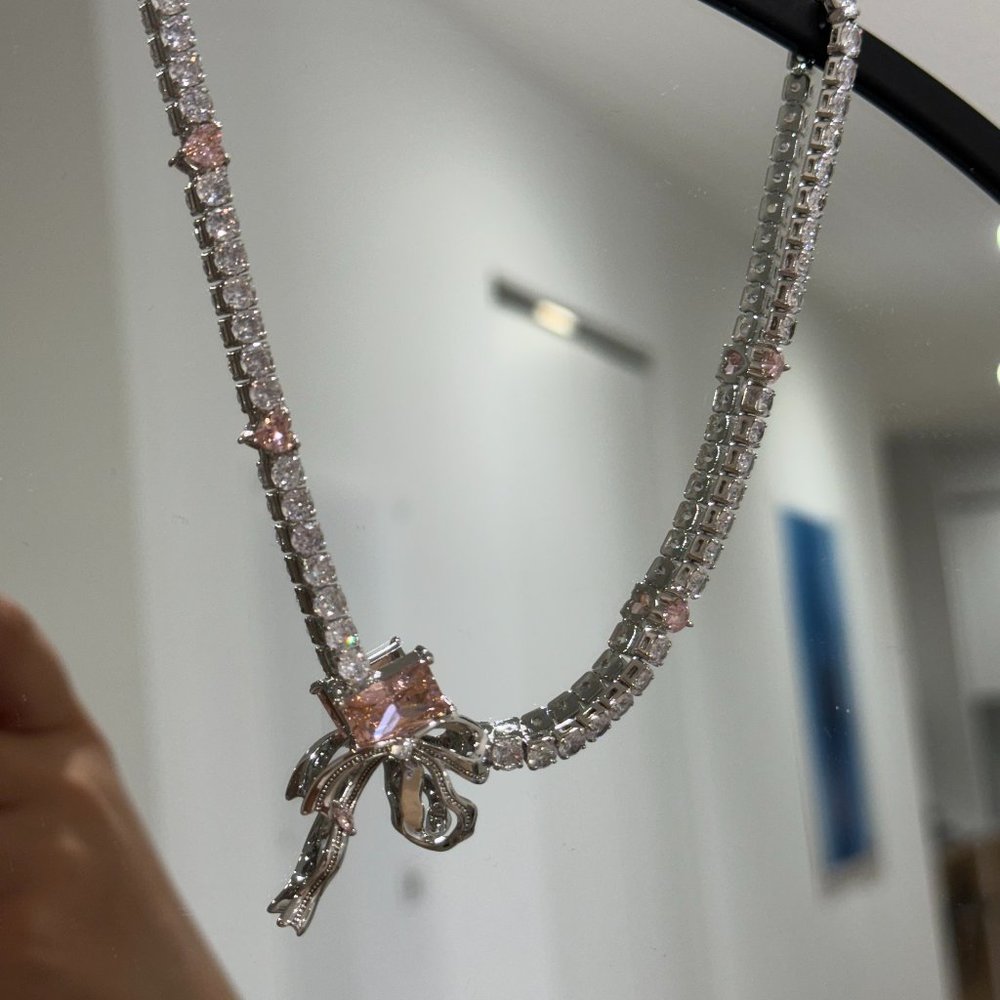 coquette bow crystal tennis necklace